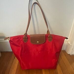 Longchamp Red Medium Le Pliage Tote Bag with Brown Leather